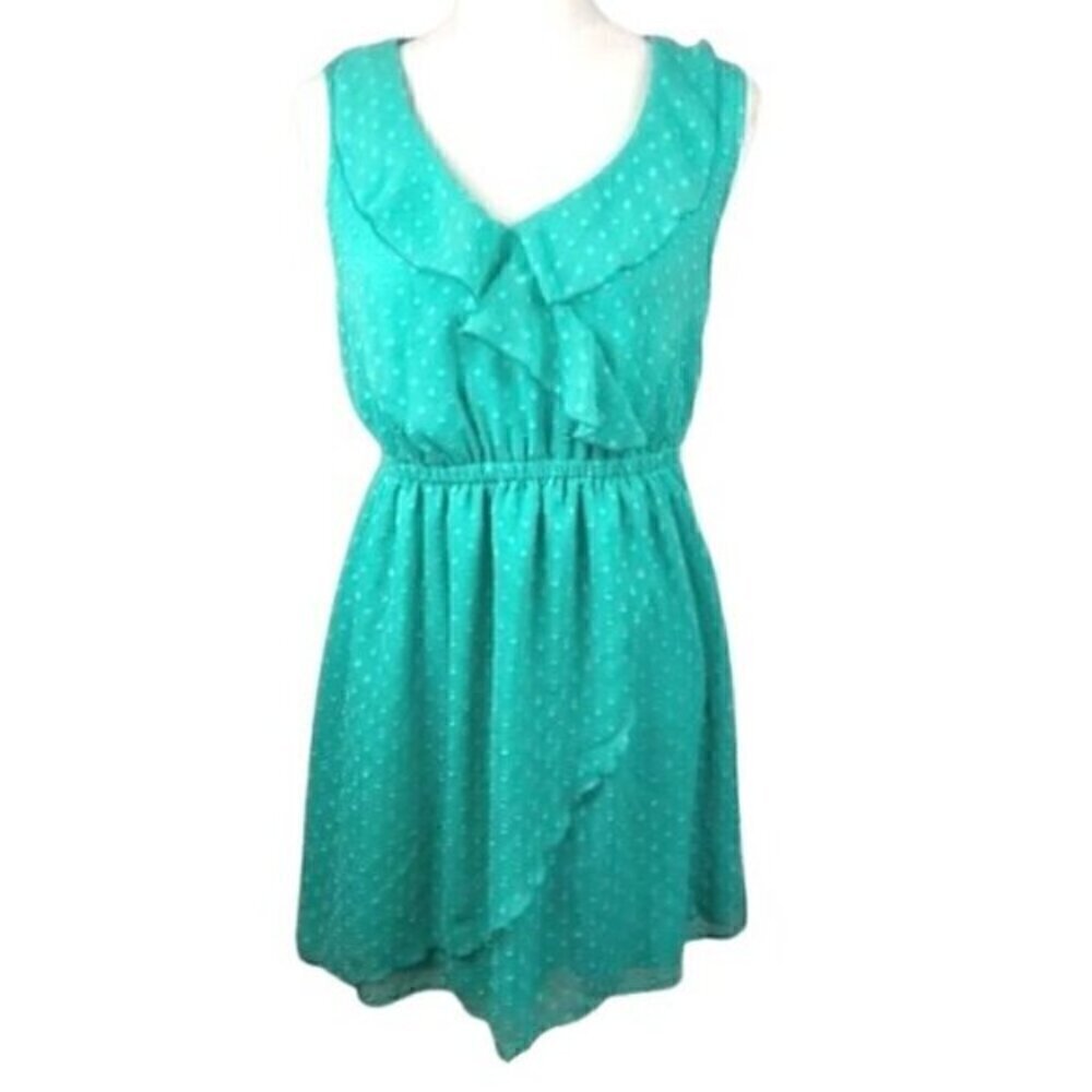 VANITY Aqua Seafoam Green Blue Swiss Dot Textured Mini Surplice Faux Wrap Dress